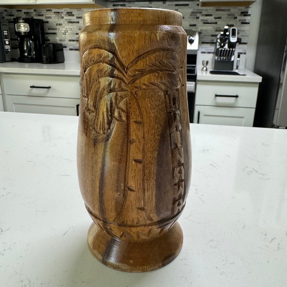 Vintage Hand Carved Wood Okinawa Japan Sams Restaurant Tiki Mug Palm Tree